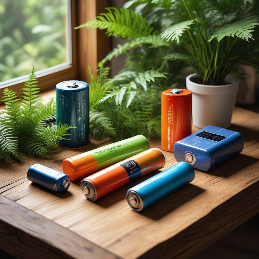 A vibrant collection of eco-friendly rechargeable batteries displayed on a wooden table, surrounded by lush greenery and natural light. Include visual elements like a charging station, a small solar panel, and an infographic of battery types in the background. The focus should be on sustainability and smart energy choices. super-realistic. vibrant colors. nature-inspired.