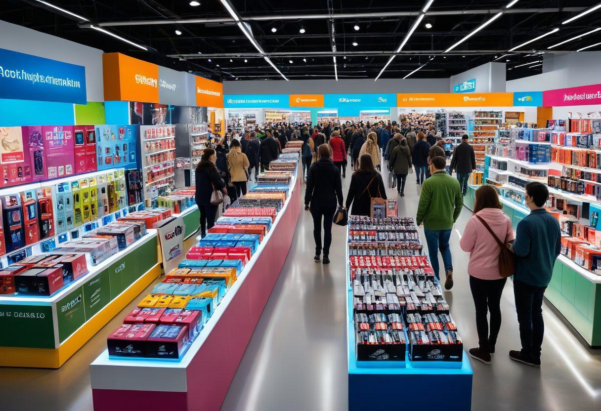 A vibrant marketplace scene showcasing various types of batteries displayed on colorful stands, with price tags clearly visible. Shoppers, including families and tech enthusiasts, are examining the batteries, while a digital price comparison tool is projected above them. Bright banners highlight special deals and discounts. The atmosphere is lively and engaging, conveying a sense of excitement about smart shopping. super-realistic. vibrant colors. 3D.