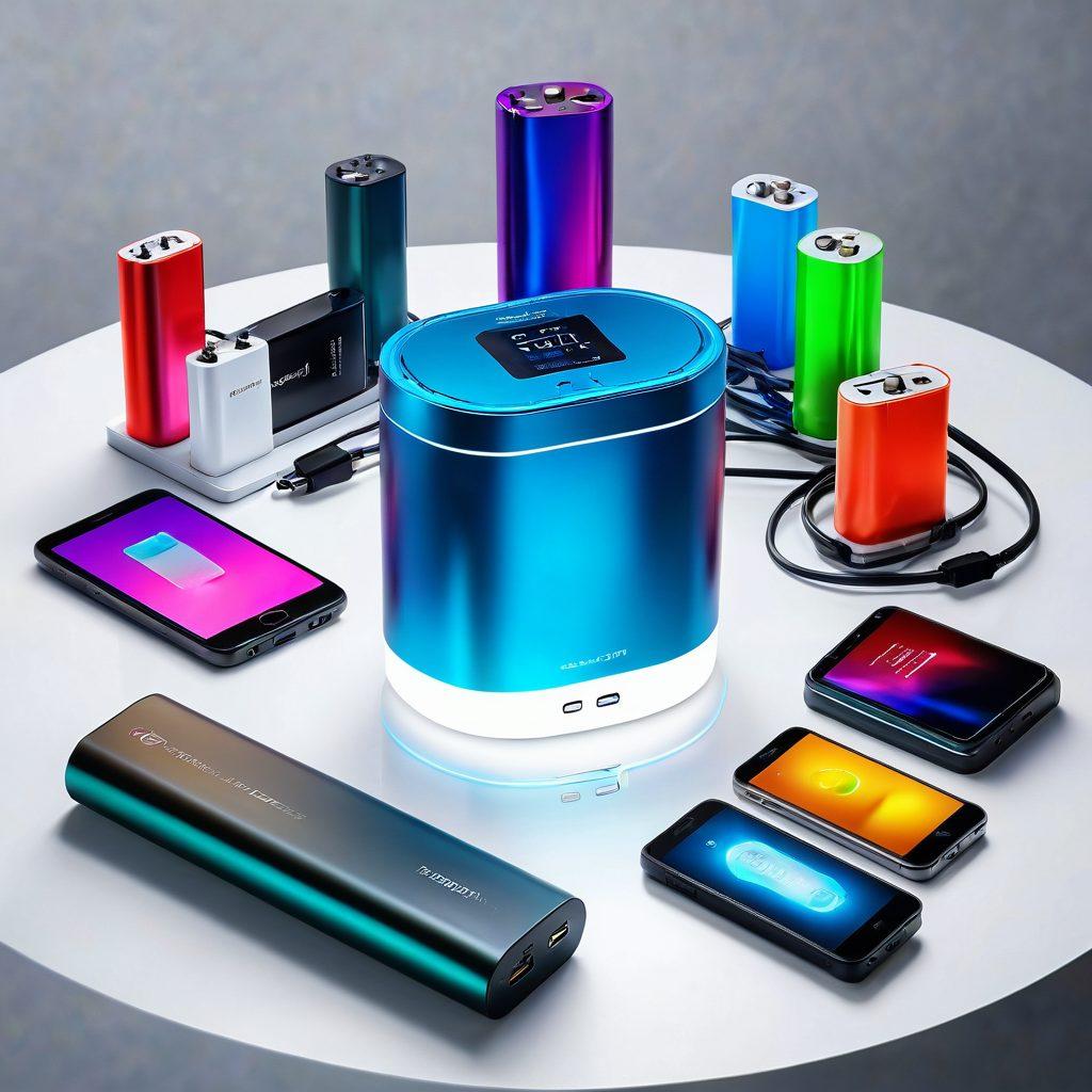 A vivid display of various battery types like lithium-ion, rechargeable, and alkaline, arranged artistically on a sleek, modern table. Include essential accessories like chargers, battery packs, and power banks, with colorful energy flow illustrations subtly integrated in the background. The scene should evoke a sense of innovation and utility, highlighting the importance of power management. super-realistic. vibrant colors. white background.